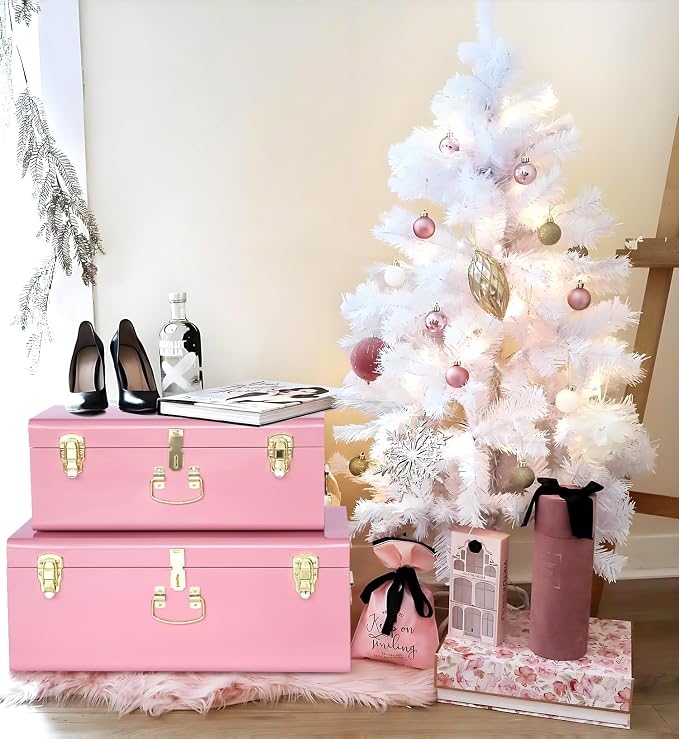 Vixdonos Decorative Large Metal Box Storage Trunk Chest Set of 2 College Dorm Organizer with Hardware Hasps and Handle for Home Deocr,23.7X14.2X9.5 Inches,Deep Pink