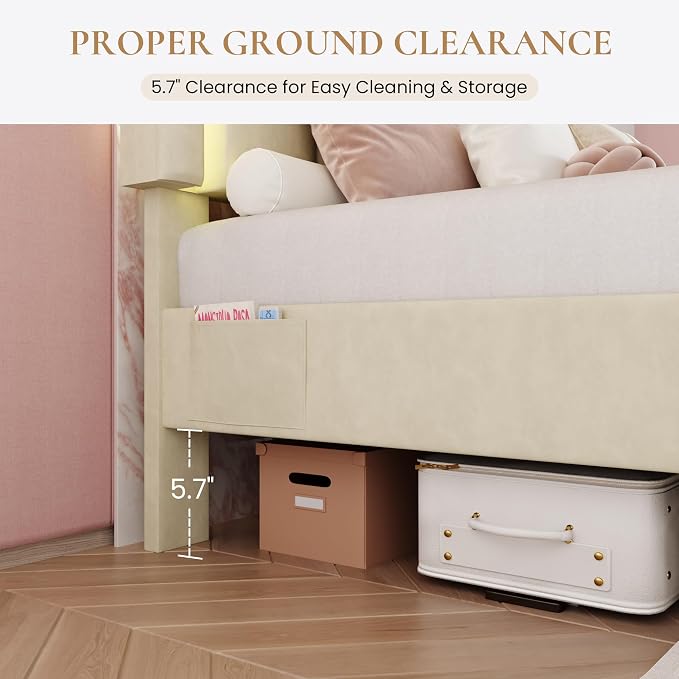 SHA CERLIN Queen Size Bed Frame with LED Lights and Storage Drawer, Cream | Upholstered Velvet Platform Bed with Adjuatable Wavy Headboard, Noise-Free, Easy Assembly,No Box Spring Needed