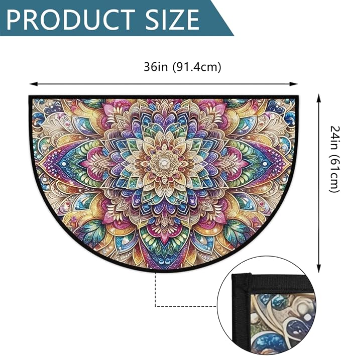 Mandala Flowers Half Round Rug Half Moon Door Mat Half Circle Rugs | Ethnic Washable Non-Slip Semi Circle Rug Welcome Half Round Door Mat Indoor Entrance Kitchen Bedroom Living Room Decor