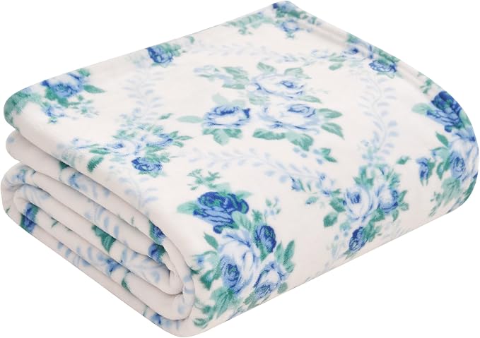Jessica Simpson Oversized 60"X70" Plush Throw Blanket, Braelyn Blue Roses