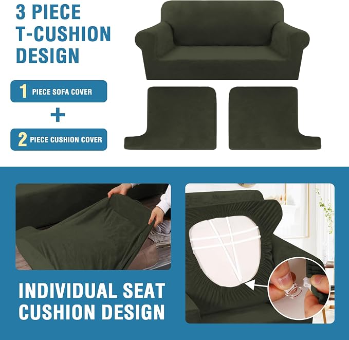 H.VERSAILTEX Sofa Cover 3 Piece T Cushion Loveseat Slipcovers Thick Velvet Couch Cover Stretch T Cushion Sofa Covers for 2 Cushion Couch with 2 Individual T Cushion Covers, Olive