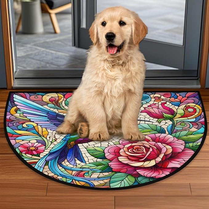 Rose Half Round Door Mat Non Slip Half Circle Rugs | Flower Bird Washable Half Moon Rug Semi Circle Rugs Indoor Entrance Floor Carpet for Kithen Bedroom Fireplace Decor