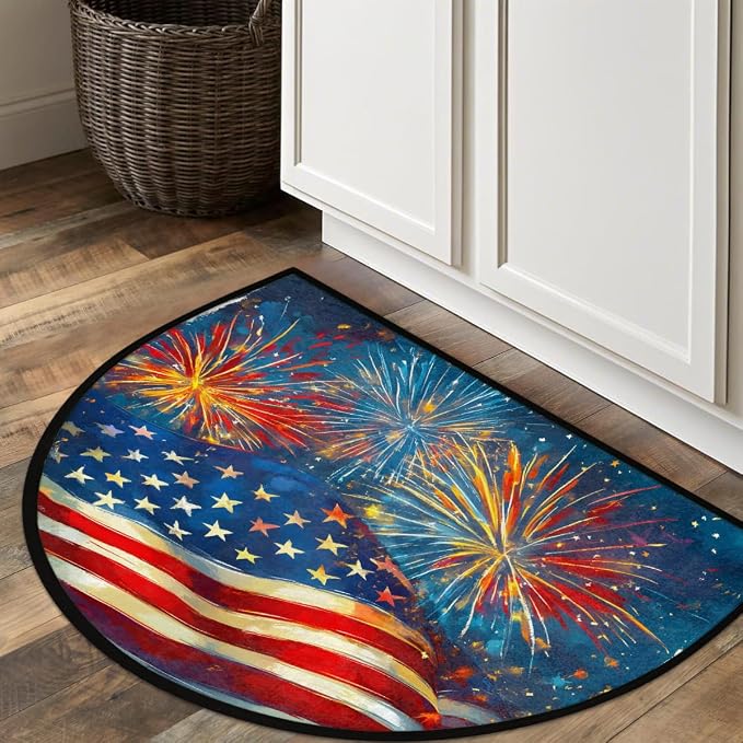 Fireworks Flag Half Round Door Mat Semi Circle Rug Half Moon Doormat | Fireworks Flag Soft Washable Welcome Entrance Mat for Outdoor Indoor Floor Bedroom Bathroom Home Kitchen Festival Decor
