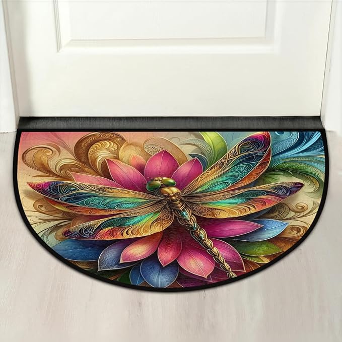 Colorful Dragonfly Gold Half Round Mat Half Moon Door Rug Washable Durable Semi Circle Carpet Floor mats for Indoor Outdoor Bathroom Kitchen Patio Hearth Rug Laundry Room Home Decoration