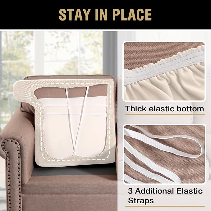 H.VERSAILTEX Stretch Velvet 2 Piece T Cushion Sofa Slipcovers for Living Room Individually Sofa Covers for 2 Cushion Seat Cushion Covers Stay with Elastic Bands (Sofa, Cream)