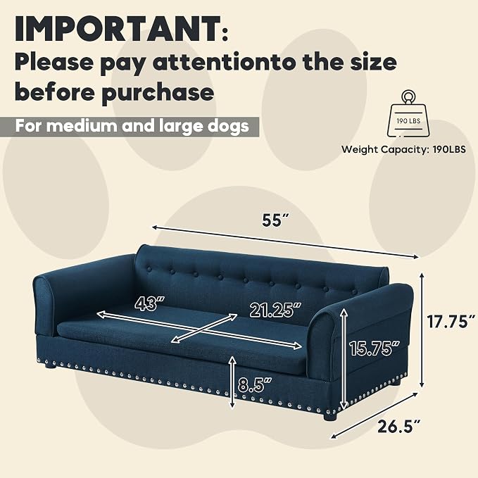 Elevated Dog Sofa for Medium to Large Dogs, Button Tufted Dog Couch Bed with Backrest and Armrests, Durable Memory Foam Pet Bed, Removable Cushion for Medium and Large Dogs, Dark Blue