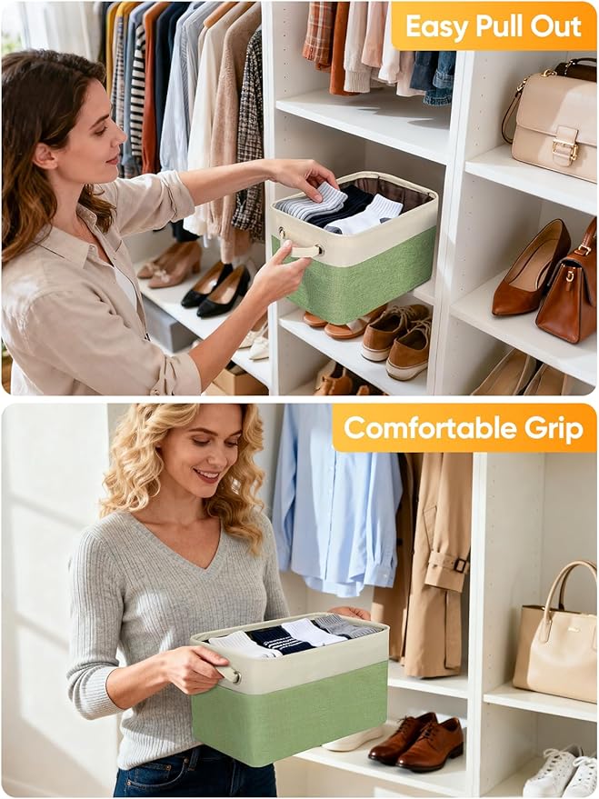 BALEINE 4 Pack Fabric Closet Storage Bins for Shelves, Linen Closet Organizers and Storage, Decorative Baskets for Organizing, Shelf, Clothes, Home, Office (Green, 15''x11''x9.5'')