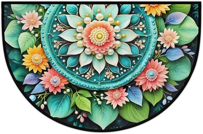 Ethnic Mandala Half Round Rug Half Moon Door Mat Half Circle Rugs | Flowers Green Washable Non-Slip Semi Circle Rug Welcome Half Round Door Mat Indoor Entrance Kitchen Bedroom Living Room Decor