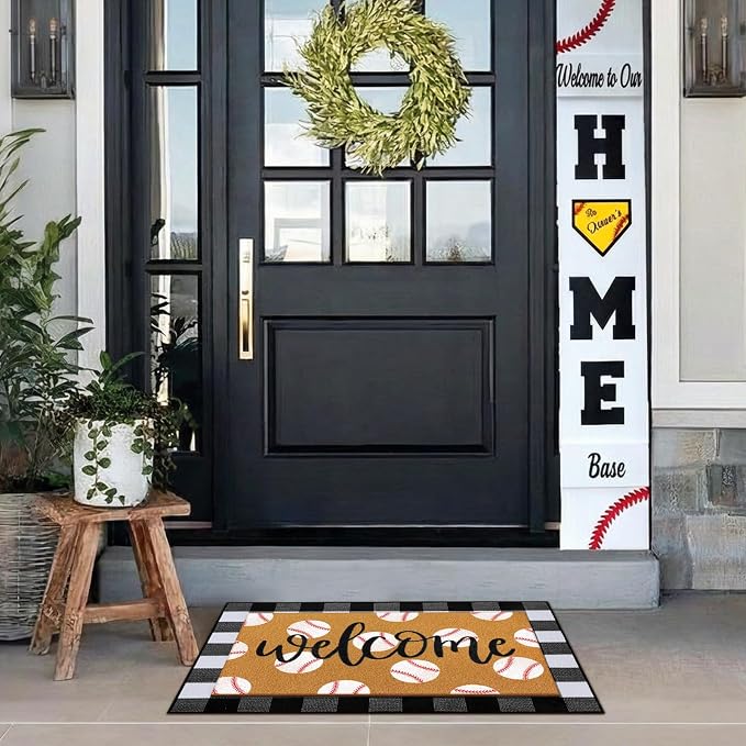 Tinideya 2 Pcs Door Mat Welcome Non Slip Coir Mats Floor Layering Doormats Seasonal for Front Porch Entryway Decor(Baseball)