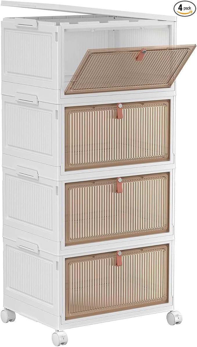YFXCVSL 4 Tier Plastic Storage Bins with Lid 32QT, Stackable Storage Bins | Plastic Storage Bins with Wheels, Folding Storage Boxes, Organizers and Storage for Living Room,Office,Dorm
