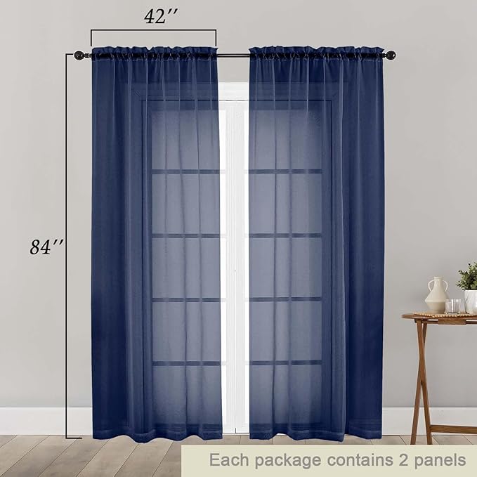 Navy Blue Sheer Curtains 84 Inches Long 2 Panels, Soft Airy Light Filtering - Image 2