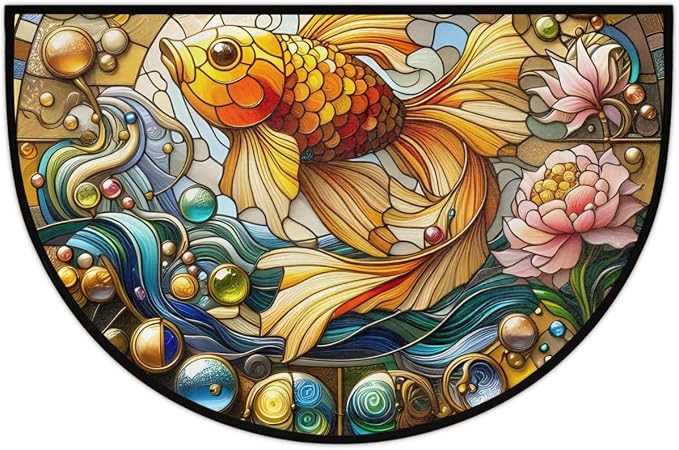 Fish Half Round Door Mat Semi Circle Rug Half Moon Doormat | Soft Washable Glass Lotu Welcome Entrance Mat for Outdoor Indoor Floor Bedroom Bathroom Home Kitchen Festival Decor