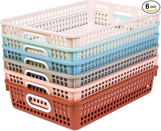 Really Good Stuff Small Desktop Paper Storage Baskets, 14" x 10" x 3.25" | 6-Pack, Boho Group Colors, Mesh Baskets for Classroom or Home, Secure Papers Crease-Free