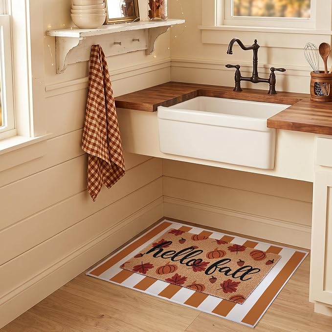 2pcs Hello Fall Doormats with Pumpkins Leaves Pattern Layered Autumn Front Porch Welcome Mat and Striped Crystal Velvet Layering Rug Non Slip Outdoor Entryway Flooring Decor for Thanksgiving