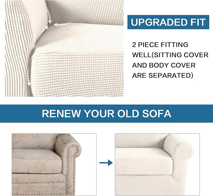 H.VERSAILTEX Stretch Sofa Covers 2 Piece for 2 Cushion Couch Covers Sofa Slipcovers Furniture Covers Suit for T Cushion/Box Cushion Feature Deluxe Textured Jacquard - Loveseat, Ivory