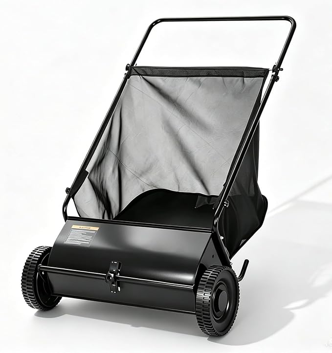 Push Lawn Sweeper, 26 in Grass Sweeper Leaf Collector with 7 Cu.ft Mesh Bag, Yard Sweeper with Adjustable Brush Height and 4 Spinning Brushes for Cleanup, Lawn Care Equipment