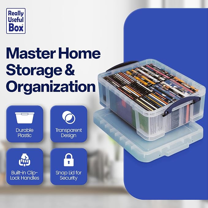 Really Useful Box 17 Liter Plastic Storage Bins with Snap Lids and Clip Lock, Clear