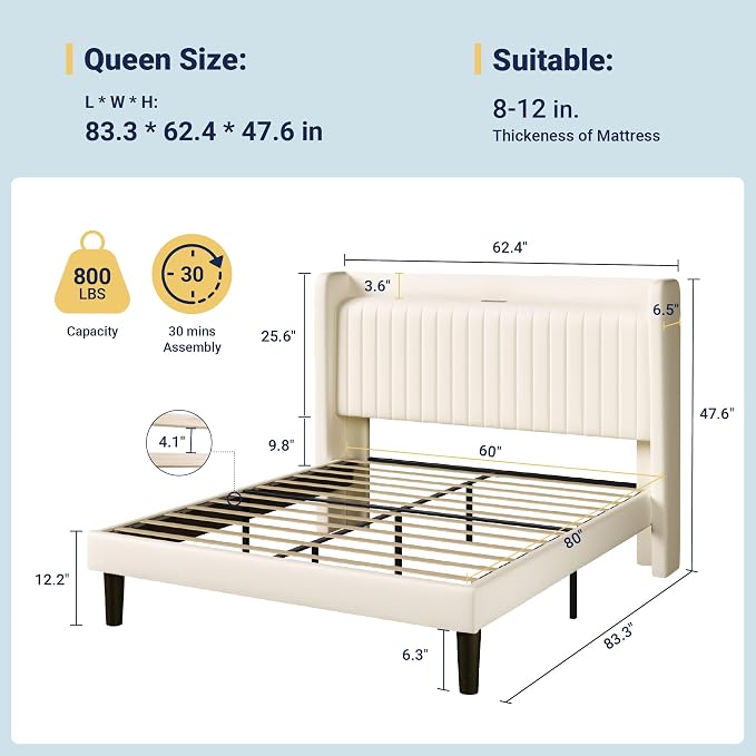 Allewie Full Size Platform Bed Frame with USB Charging Station and Storage Shelf/Upholstered Velvet Wingback Headboard/Wooden Slats Support/No Box Spring Needed/Easy Assembly, Cream