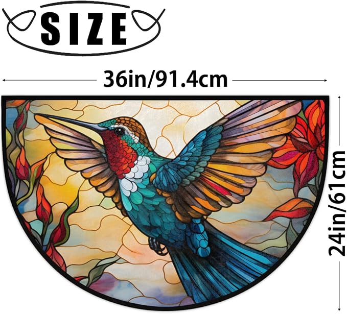 Half Round Door Mat Hummingbird Bird Animal Flower Non-Slip Semi Circle Area Rug Washable Half Moon Hearth Rugs for Indoor Outdoor Bathroom Kitchen Patio Runner Mat Laundry Room Home Decoration