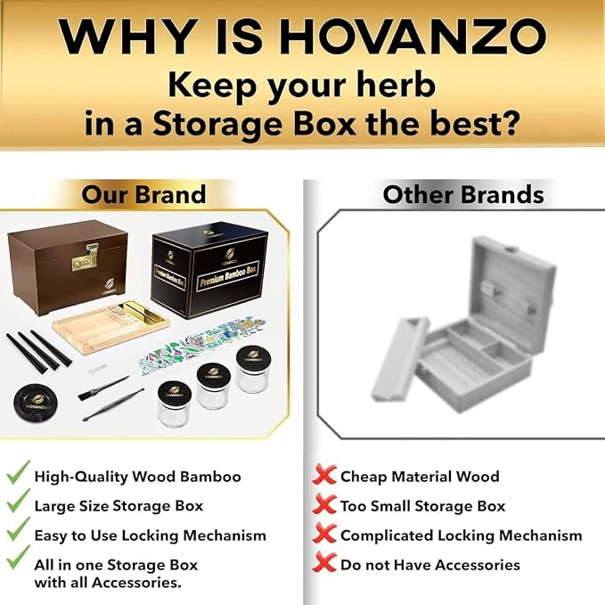 HOVANZO Premium Large Bamboo Storage Box with Organizer Tray - Storage Wood Box and Accessories - Decorative Box with Combination Lock - Large Wooden Container - Box Kit with Glass Jars