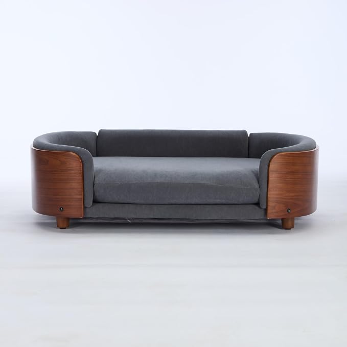 Scandinavian Style Elevated Dog Bed Pet Sofa with Solid Wood Legs and Bent Wood Back, Velvet Cushion, Large Size, Walnut Frame & Dark Grey Cushion