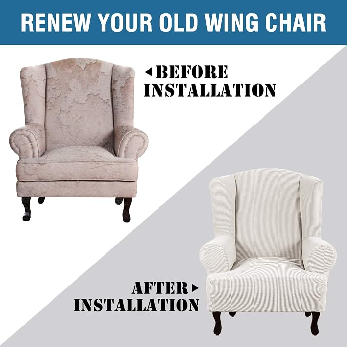 H.VERSAILTEX Wing Chair Slipcover Chair Covers for Wingback Chairs Wingback Chair Covers Slipcovers 1 Piece Stretch Sofa Cover Furniture Protector Soft Spandex Jacquard Checked Pattern, Ivory