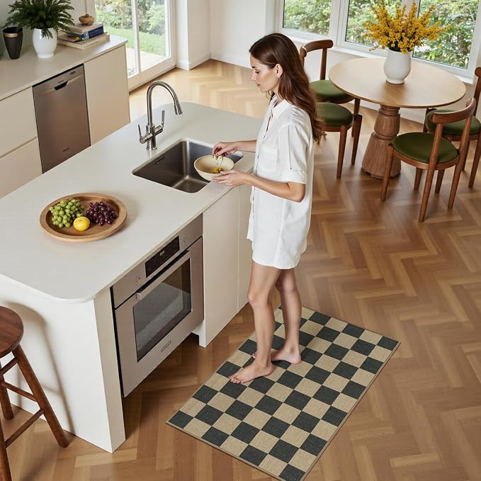 Lessymo Checkered Easy Jute Kitchen Rug, 2x3 Small Washable Front Door Mat | Non-Slip, Non-Shed Indoor/Outdoor Carpet for Porch Entryway Bathroom Bedroom Bedside, Modern Geometric Diamond Black/Beige
