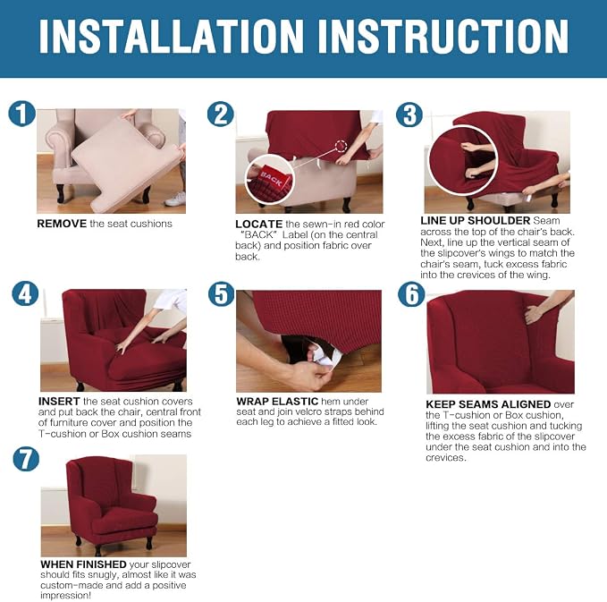 H.VERSAILTEX 2 Piece Stretch Jacquard Wingback Chair Covers Slipcovers Wing Chair Covers (Base Cover Plus Seat Cushion Cover) Furniture Covers for Wingback Chairs, Form Fitted Thick Soft, Burgundy