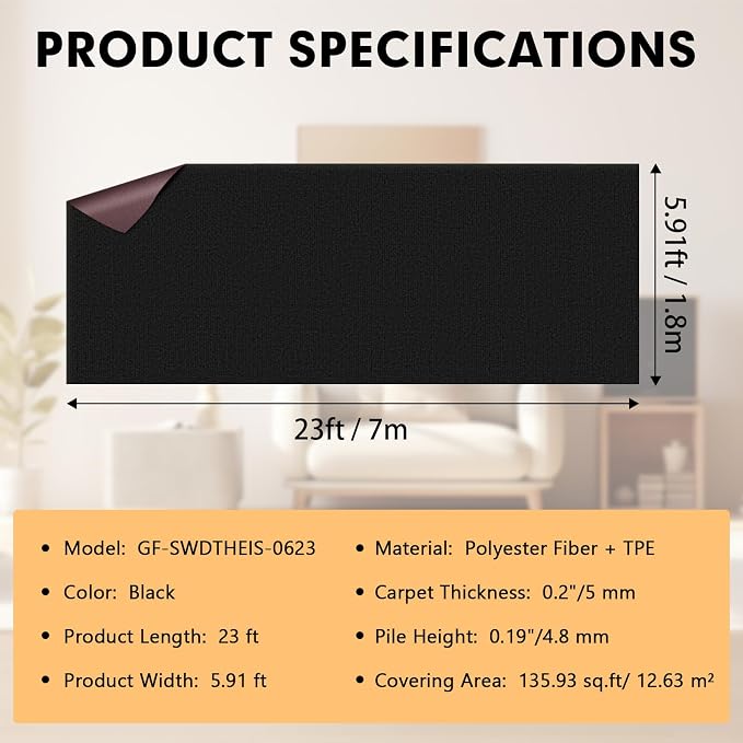 Grefinity Marine Carpet,6 FT x 23 FT Black Indoor Outdoor Carpet 0.2" Thick Boat Rug with Water-Proof TPE Backing for Home, Patio, Porch, Deck
