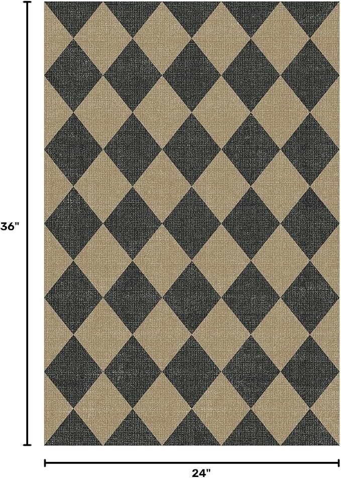 Lessymo Checkered Easy Jute Entryway Rug, 2x3 Washable Non Slip Door Mat | Non Shed Indoor Outdoor Carpet for Kitchen Porch Bathroom Bedroom Bedside, Kid Pet Friendly, Diamond Black/Beige Area Rug