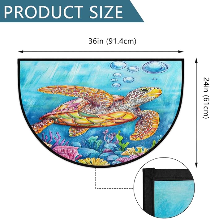 Sea Colorful Turtle Half Round Door Mat Non-Slip Semi Circle Rug Washable Half Moon Floor Rug Absorbent Bathroom Area Rugs for Outdoor Indoor Fireplace Mat Entryway Kitchen Decor Rugs