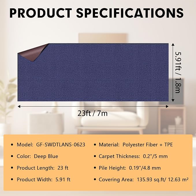 Grefinity Marine Carpet,6 FT x 23 FT Deep Blue Indoor Outdoor Carpet 0.2" Thick Boat Rug with Water-Proof TPE Backing for Home, Patio, Porch, Deck