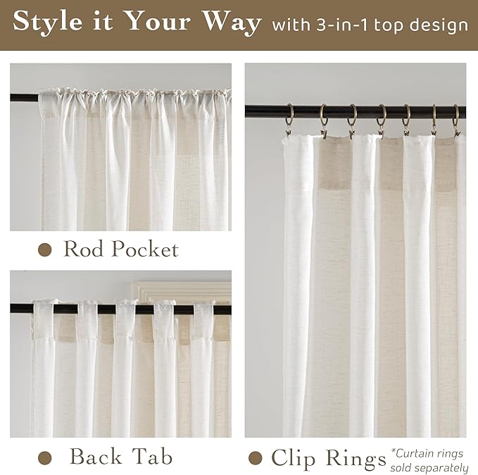 RYB HOME Sheer Curtains 108 inches Long Linen Blend Vertical Extra Long High - Image 2