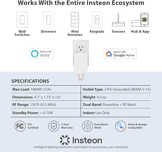 INSTEON 2635-222 On/Off Module (Pair) | Dual-Band, Acts as an Insteon Mesh Network Repeater, Indoor Use Only, Hub Required for Amazon Alexa & Google Home Assistant
