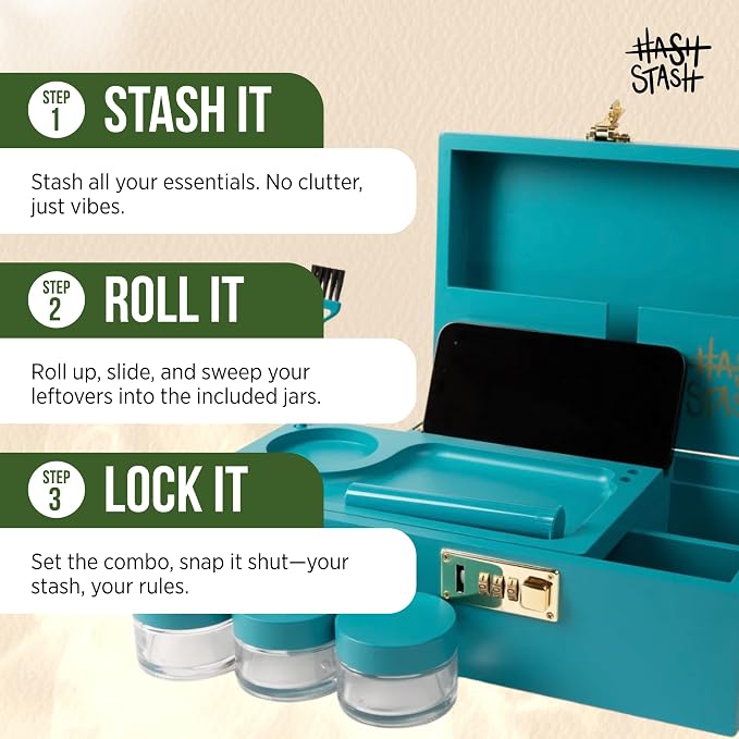 The OG Stash Storage Box - Large Bamboo Box with Combination Lock, Magnetic Lid, Organizer Tray, 3 Jars, Brush and Tube - Decorative Wooden Locked Storage Box with Accessories (Teal/Gold)