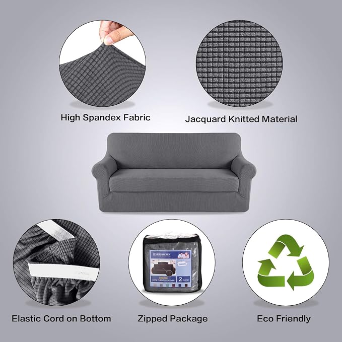 H.VERSAILTEX 2 Pieces Sofa Cover High Stretch Sofa Slipcover Stylish Furniture Cover/Protector Suit for T Cushion/Box Cushion Soft with Elastic Bottom for Kids - Sofa 72"-88" - Charcoal Gray