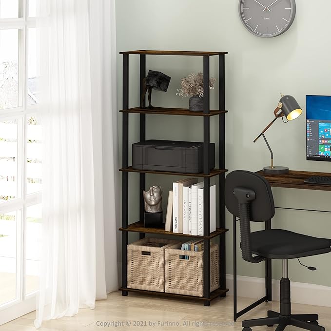 Furinno Turn-N-Tube 5-Tier Multipurpose Shelf / Display Rack / Storage Shelf / Bookshelf, Square Tubes, Americano/Black
