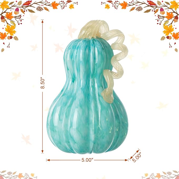 Glitzhome Hand Blown Glass Pumpkin Decor 8.5" Turquoise - Artisan Fall Harvest Thanksgiving Table Centerpiece Halloween Home Decor