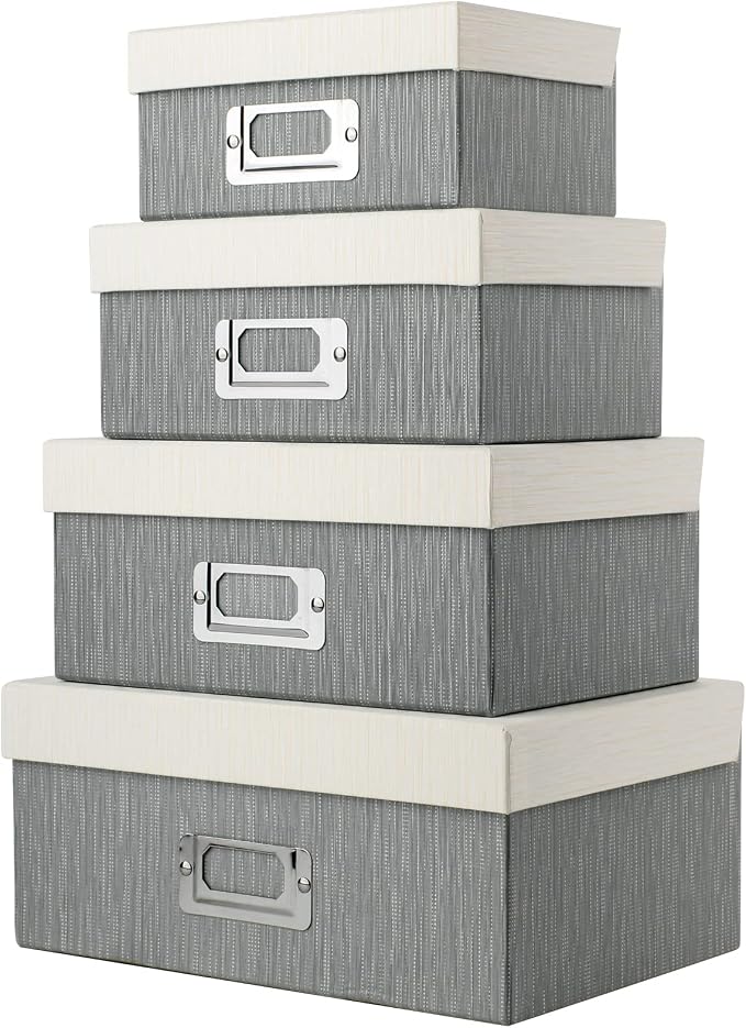 Briful Photo Boxes with Lids - 4 in 1 Set Waterproof Storage Boxes with Handles for Clothes, Shoes, Office, Cosmetic, Books