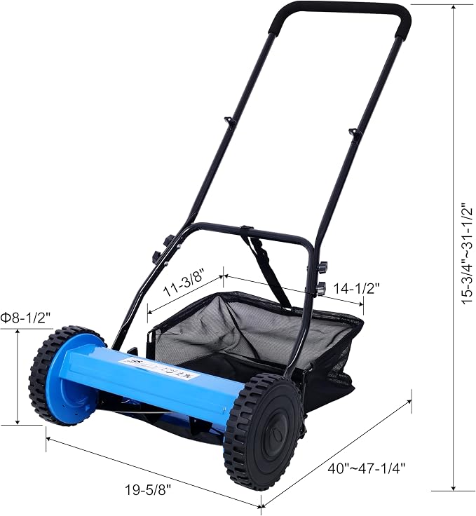 KEIKI 14-Inch Manual Lawn Mower, Push Reel Mowers w/Grass Catcher & Adjustable Cutting Height, 2-Wheels Small Lawnmower with 5 Steel Blades for Graden, Spaces Saving & Easy Assembly, Blue