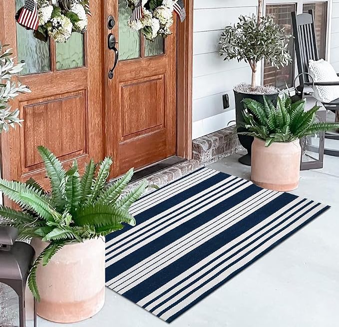 BUAGETUP Blue and White Layered Doormat,27.5x43.3inch Striped Outdoor Rug Hand Woven Cotton Indoor Outdoor Rug for Porch Layered