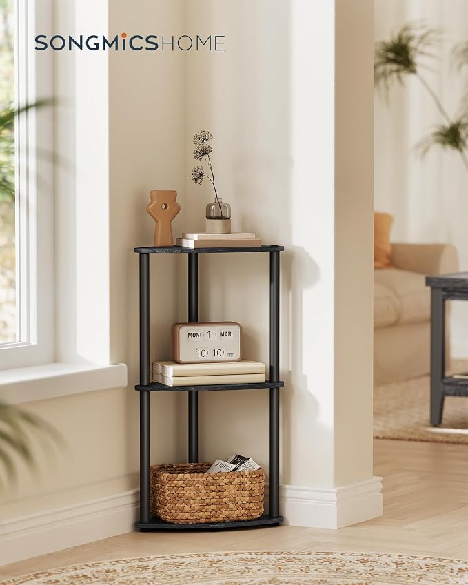 SONGMICS HOME Superfast Toolless Assembly, Corner Shelf Stand, 3-Tier Corner Standing Shelf, Living Room, Bedroom, Kitchen, 15 x 10.6 x 27.8 Inches, Ink Black ULBC620B01
