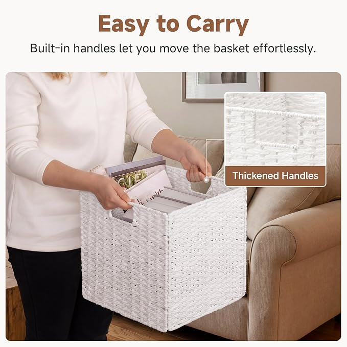 StorageWorks 13 inch Wicker Storage Baskets,White Wicker Baskets,Foldable | 2-Pack,Handwoven Baskets for Organizing,Paper Rope Square Storage Cubes,Organizer Baskets,Wicker Storage Cubes,Square Baskets