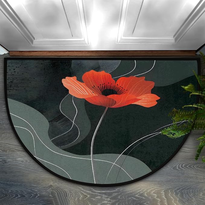 Pardick Half Round Doormat Semi Circle Rug Red Poppy Flower Non Slip Indoor Outdoor Entrance Half Moon Rug Absorbent Durable Washable Front Floor Mat for Kitchen Bathroom Patio Fireplace