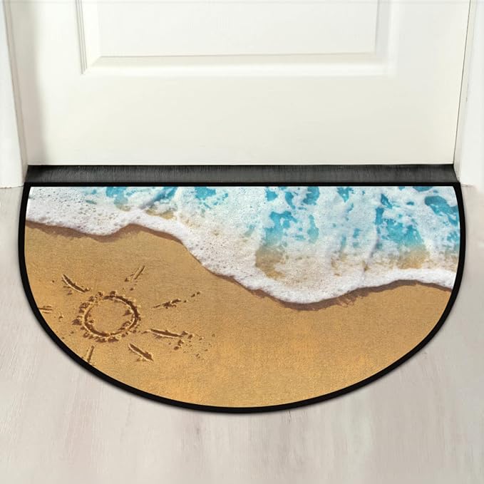 Ocean Beach Half Round Door Mat Welcome Entrance Mat Bath Bathroom Rug | Ocean Beach Welcome Entrance Mat Anti-Slip Half Moon Bath Mat Semi Circle Rug Indoor Outdoor Kitchen Rug