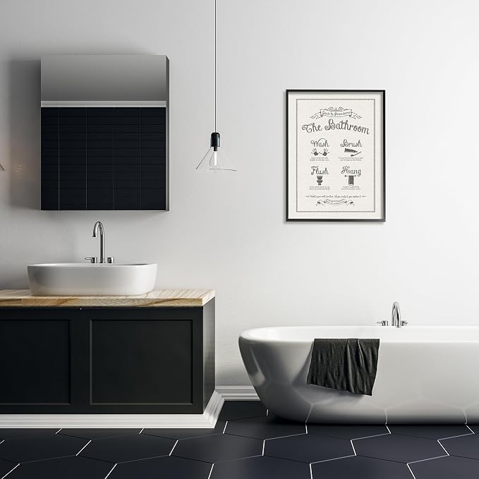 Stupell Industries 'Guide to Bathroom Procedures Linen Look', Framed Giclee Art, Black, 24 x 30 Inches, Easy to Hang and Sturdy, Made in USA, by Lettered and Lined