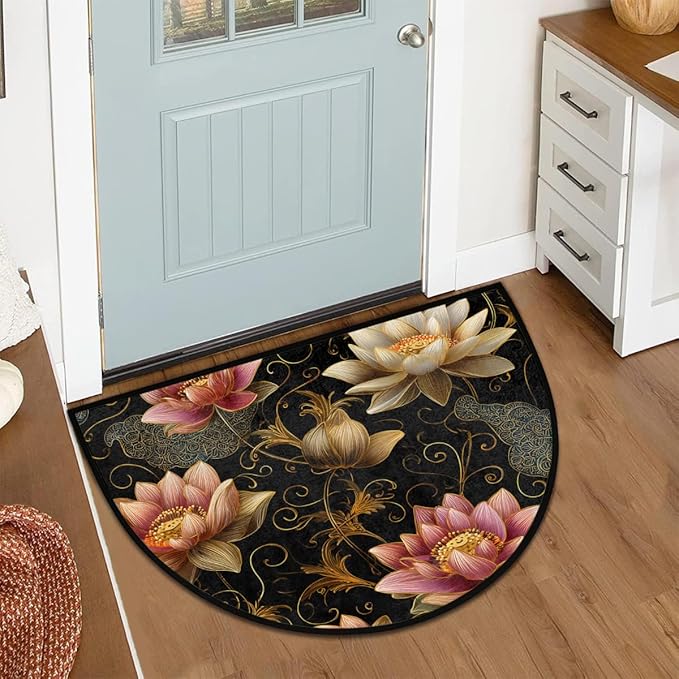 Lotus Half Round Doormat Semi Circle Rug Half Moon Rug Entryway Mat | Floral Flower Washable Non Slip Outdoor Floor Rug Kitchen Mat for Indoor Outdoor Bathroom Fireplace Bath