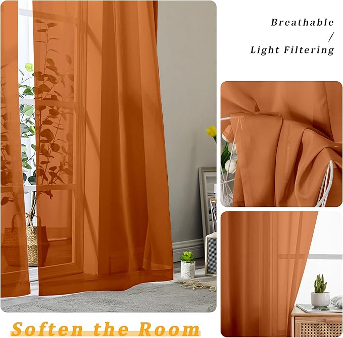 Gwine Burnt Orange Sheer Curtains 84 Inches Long 2 Panels Set - Image 4