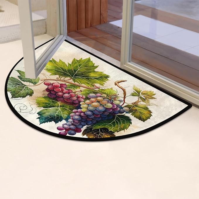 Grape Half Round Doormat Non-Slip Semi Circle Rug Half Moon Mat | Retro Fruit Leaf Washable Soft Absorbent Indoor Outdoor Entrance Kitchen Bathroom Sink Patio Welcome Fireplace Floor Rug