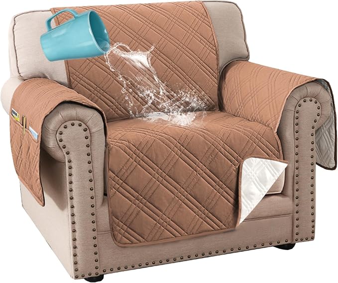 H.VERSAILTEX 100% Waterproof Arm Chair Covers Slipcover Modern Chair Slip Covers with Arms Living Room Chair Covers with Elastic Straps for Dog (Chair, Terracotta/Beige)